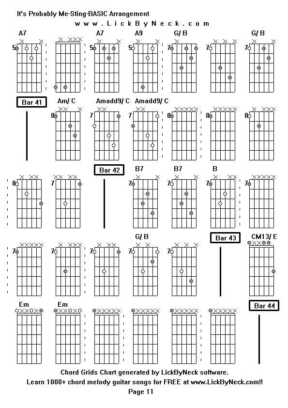 Chord Grids Chart of chord melody fingerstyle guitar song-It's Probably Me-Sting-BASIC Arrangement,generated by LickByNeck software.